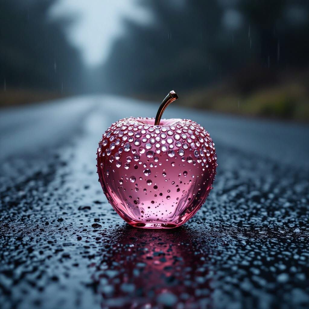 Gem-Encrusted Glass Apple on Wet Asphalt