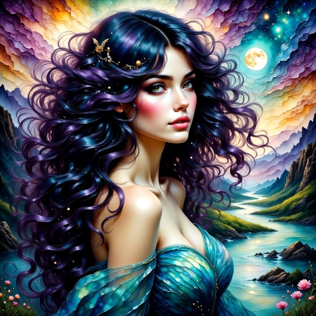 Ethereal Mystic Woman in Turquoise and Magenta Wolf-Inspired...