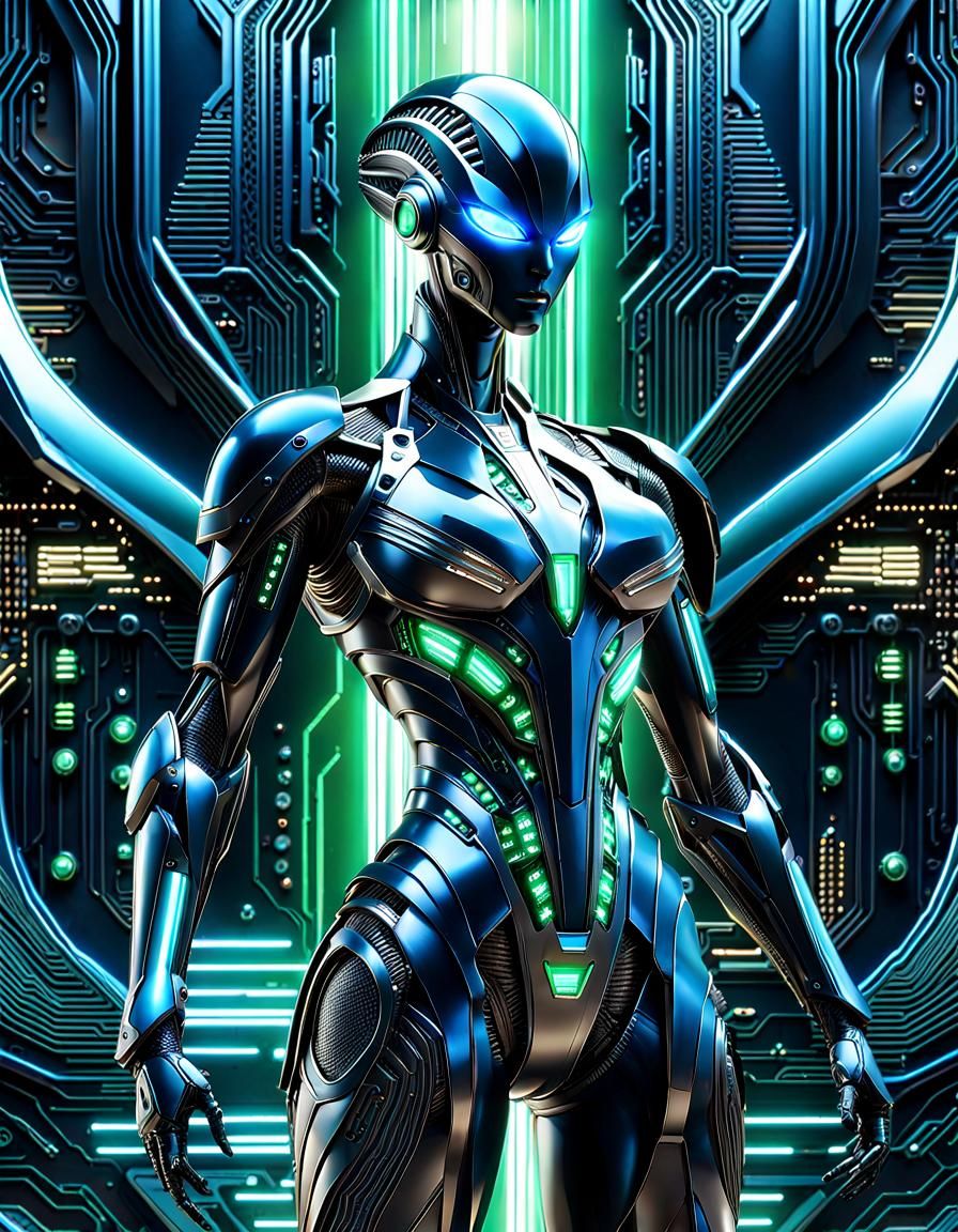 Biomorphic Cybernetic Humanoid with Emerald Fluid Form