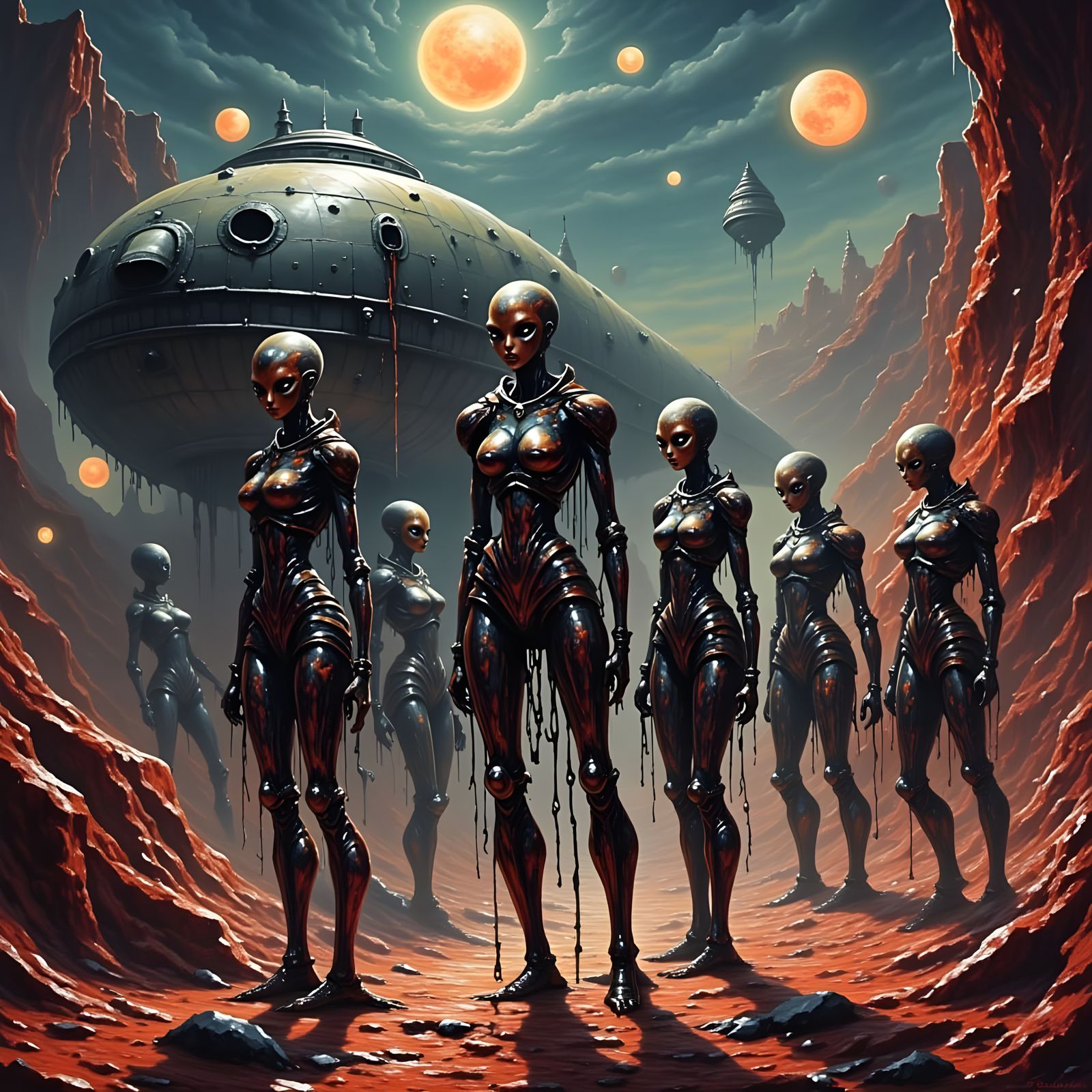 Alien Warriors in Futuristic Armor Stand Guard on Crimson Pl...