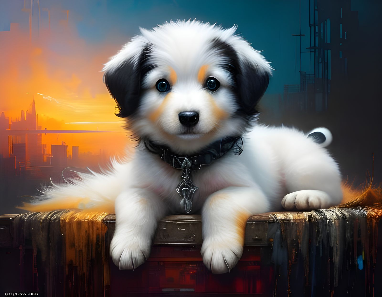 Fluffy Puppy Portrait in Oil Paint Style
