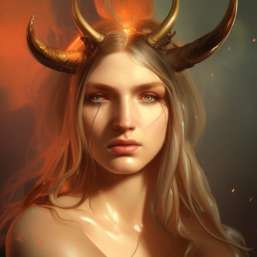 Horned Barbarian Woman with Fire Hair in Fantasy Style