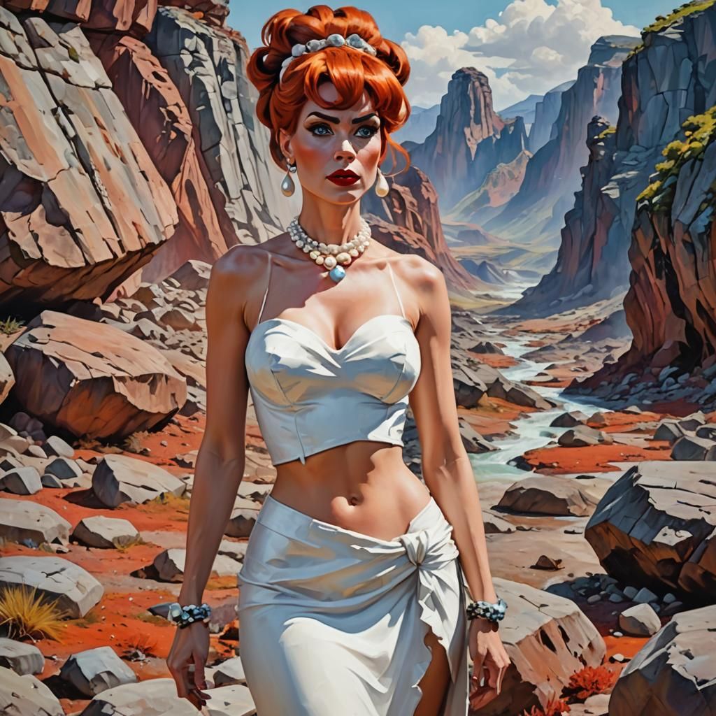 Surreal Stonepunk Wilma Flintstone in Vibrant Oil Painting