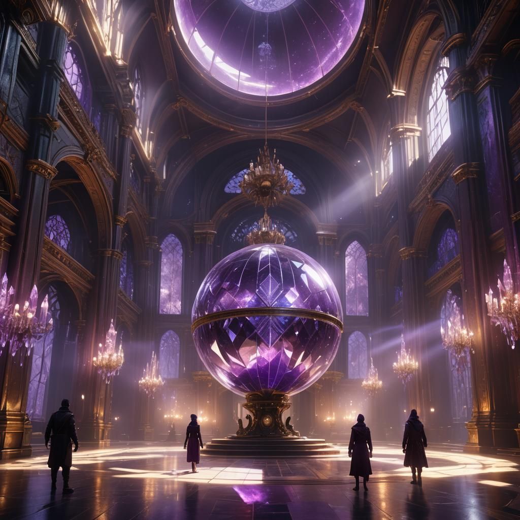 Grand hall, shimmering crystal architecture, massive crystal orb emitting purple powerful energy occupies the center, ba...