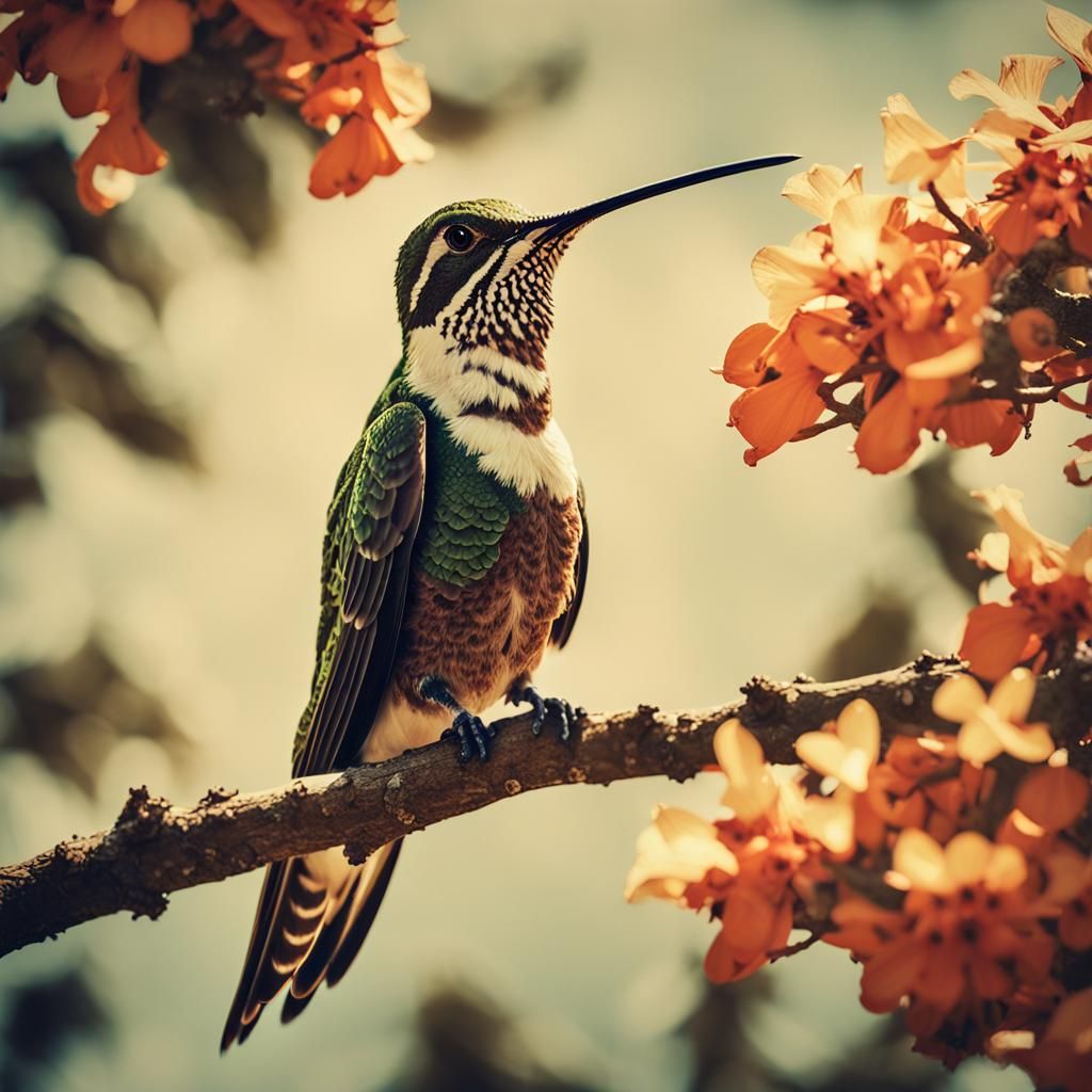 Hummingbird on Tree in Ukiyo-e Style