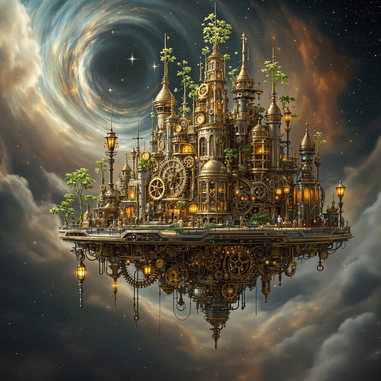 Whimsical Clockwork City Floating in Nebula