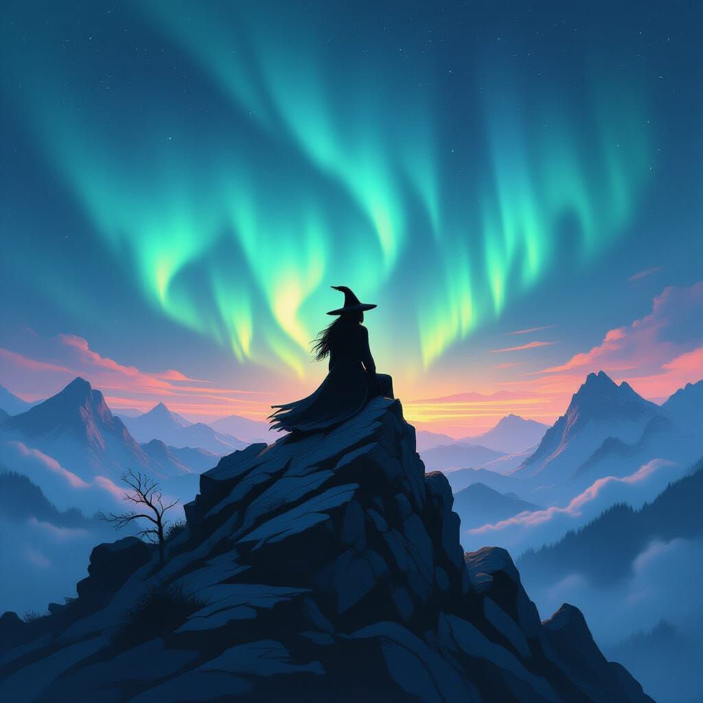 Witch on Mountain Peak Under Aurora Sky with Glowing Runes