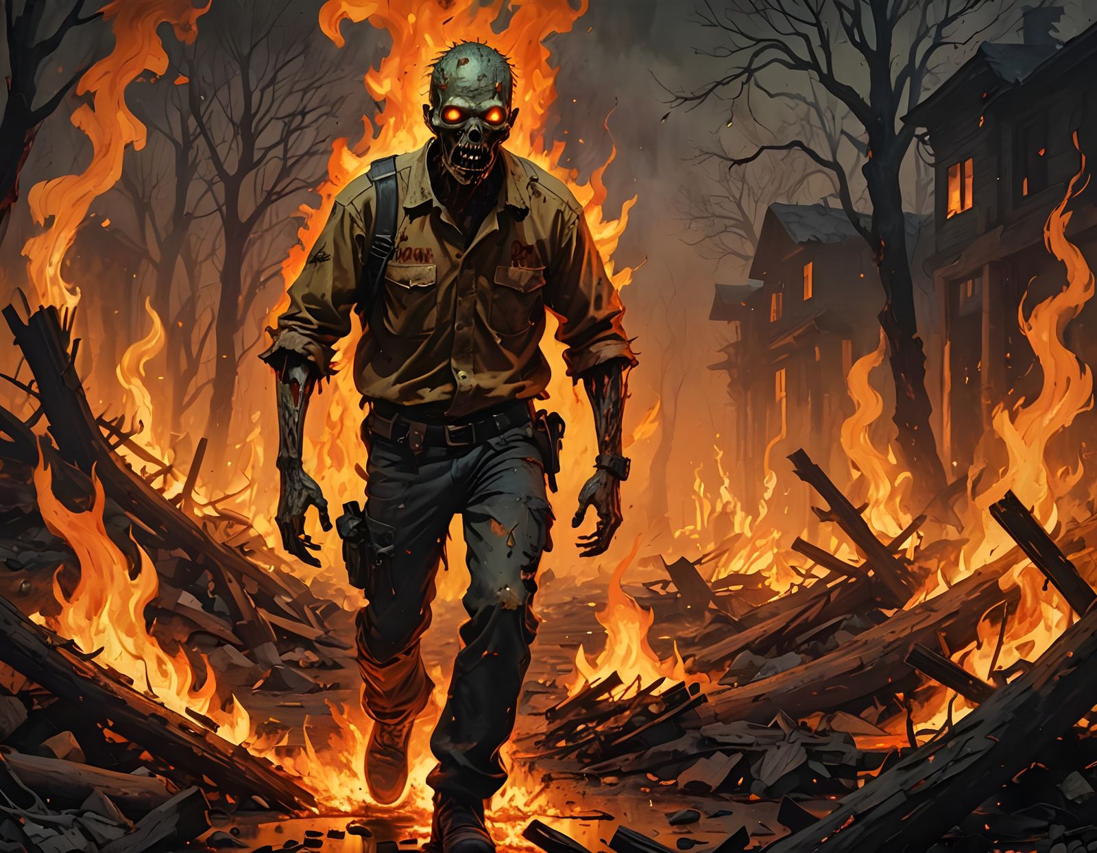Zombie Walking Through Fire: Illustration Painting