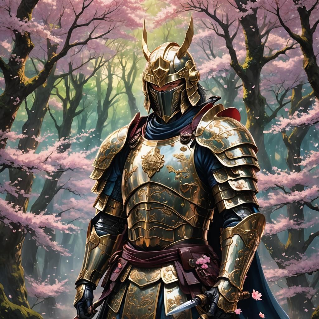 Mystical Warrior in Vibrant Cherry Blossom Forest
