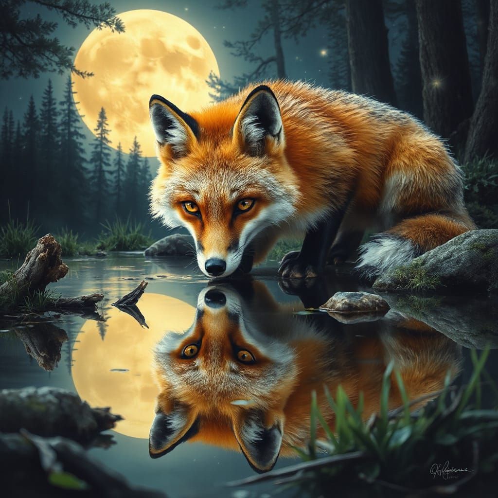Tawny Fox and Mirrored Reflection in Dark Fantasy Style