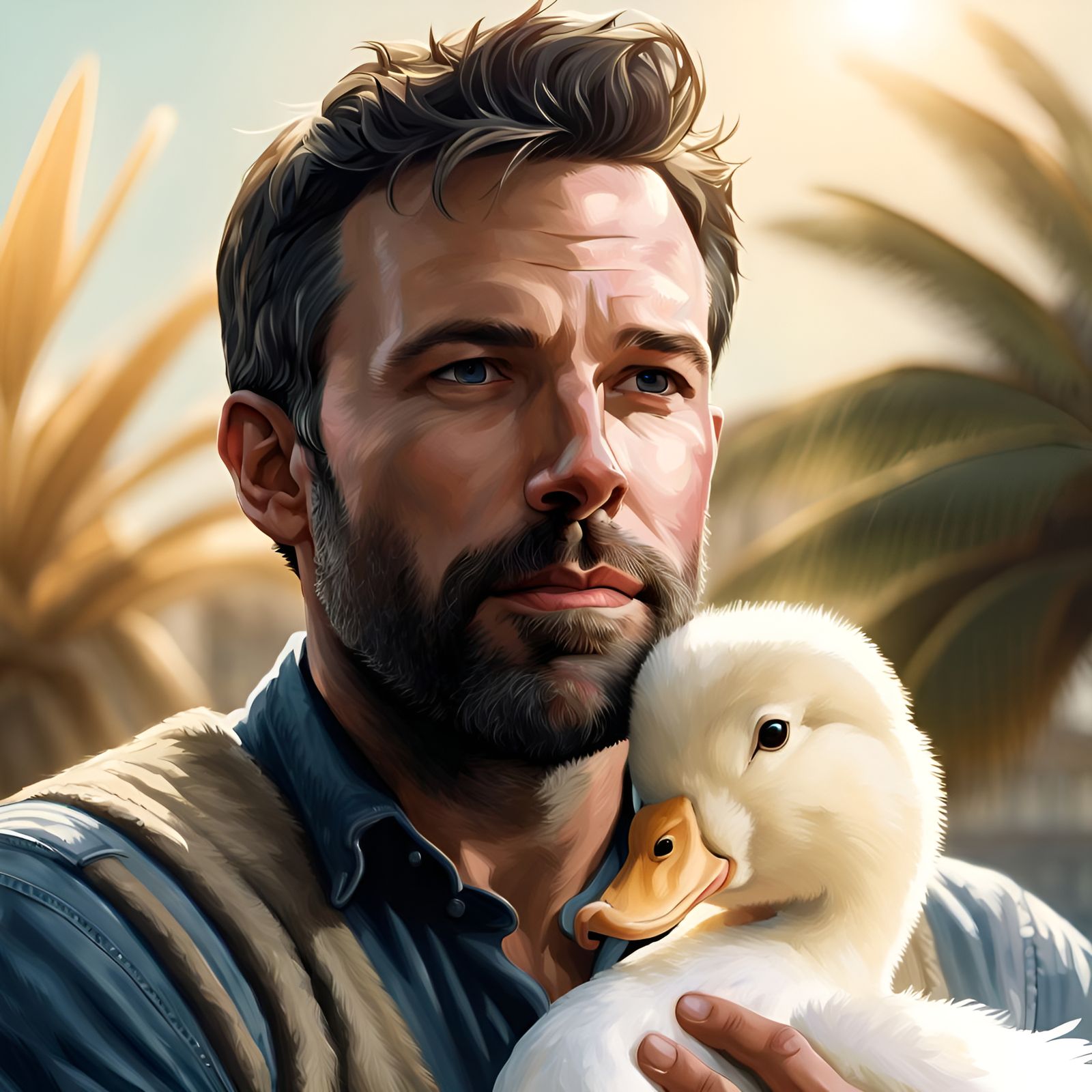Detailed Portrait of a Man Hugging a Duck