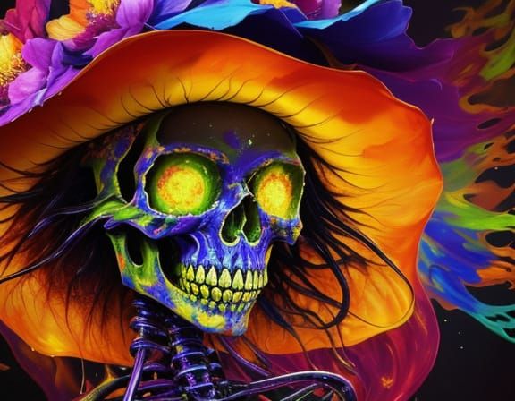 Surreal Skeleton Grinning at Melting Cosmic Flower Oil Paint...