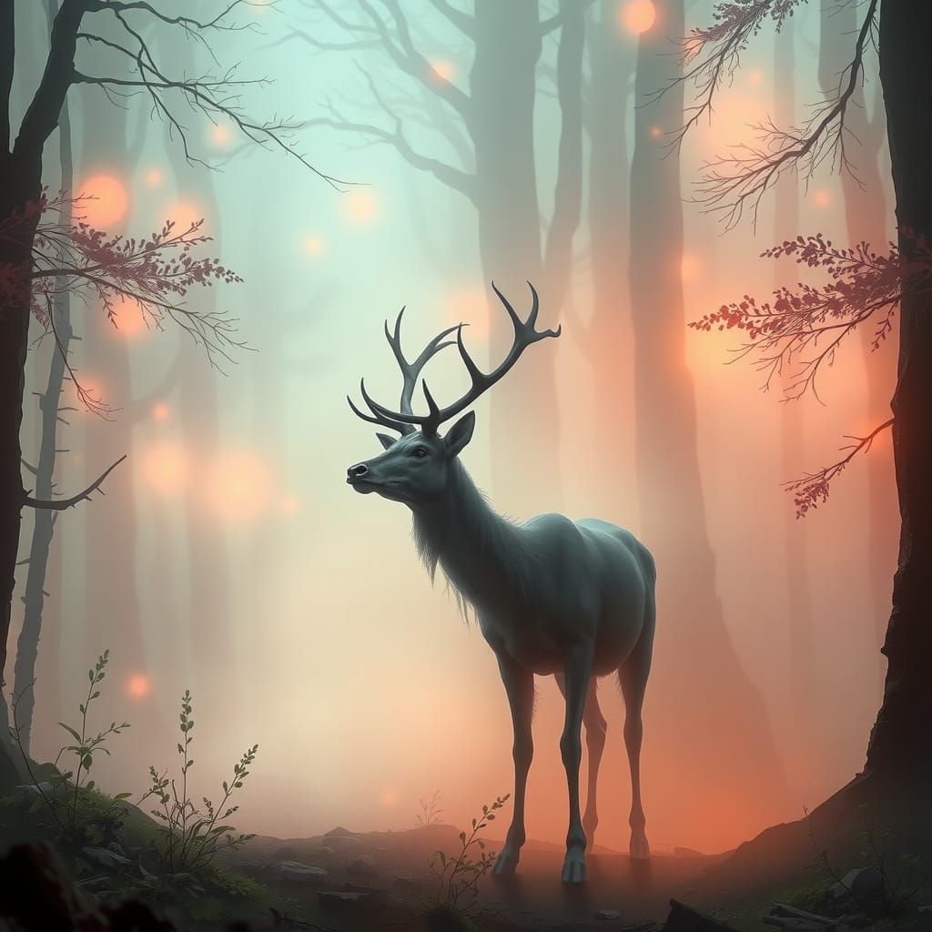 Ethereal Deer Guiding Travelers Through Mystical Forest