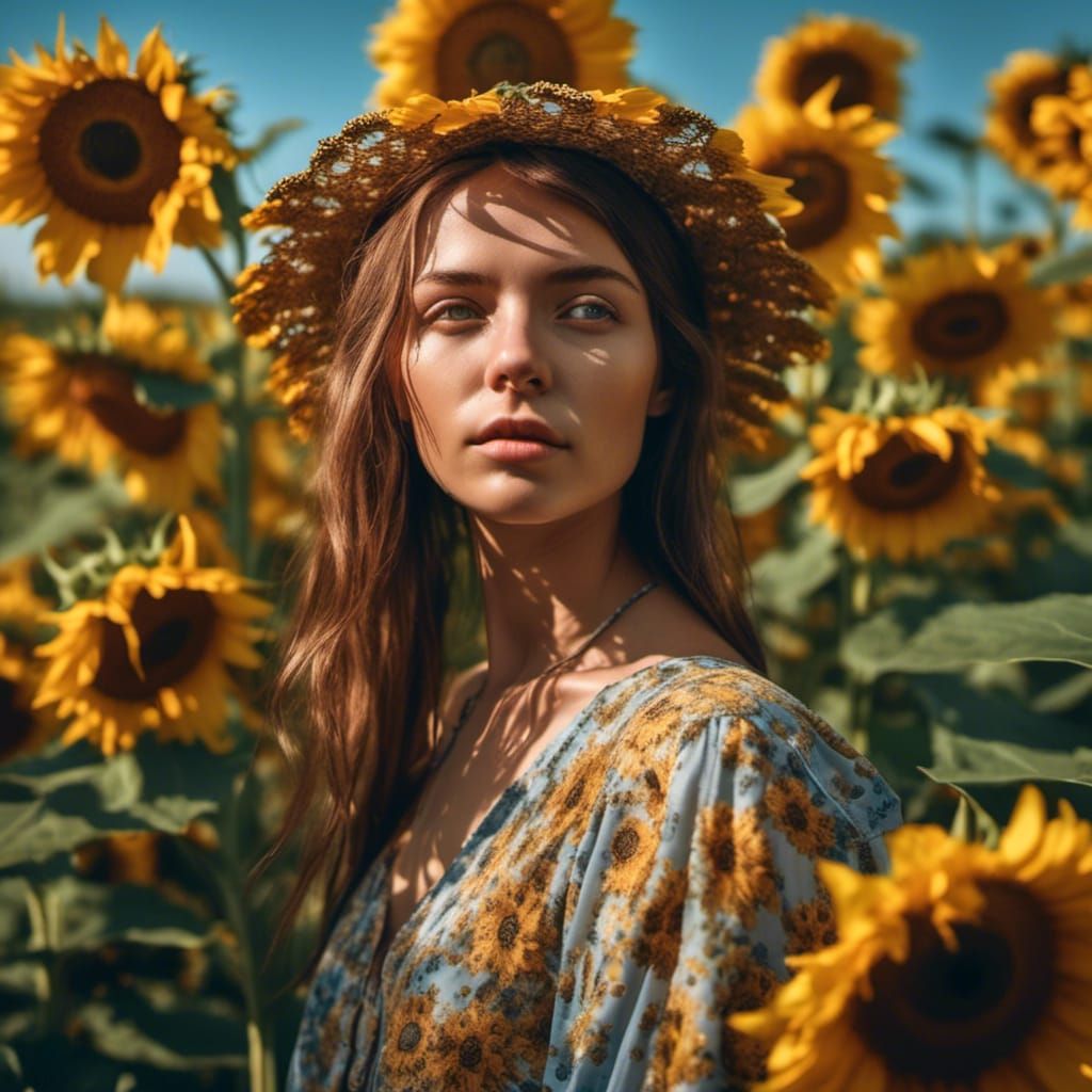 Ukrainian Woman in Sunflower Field: Hyperreal Photography