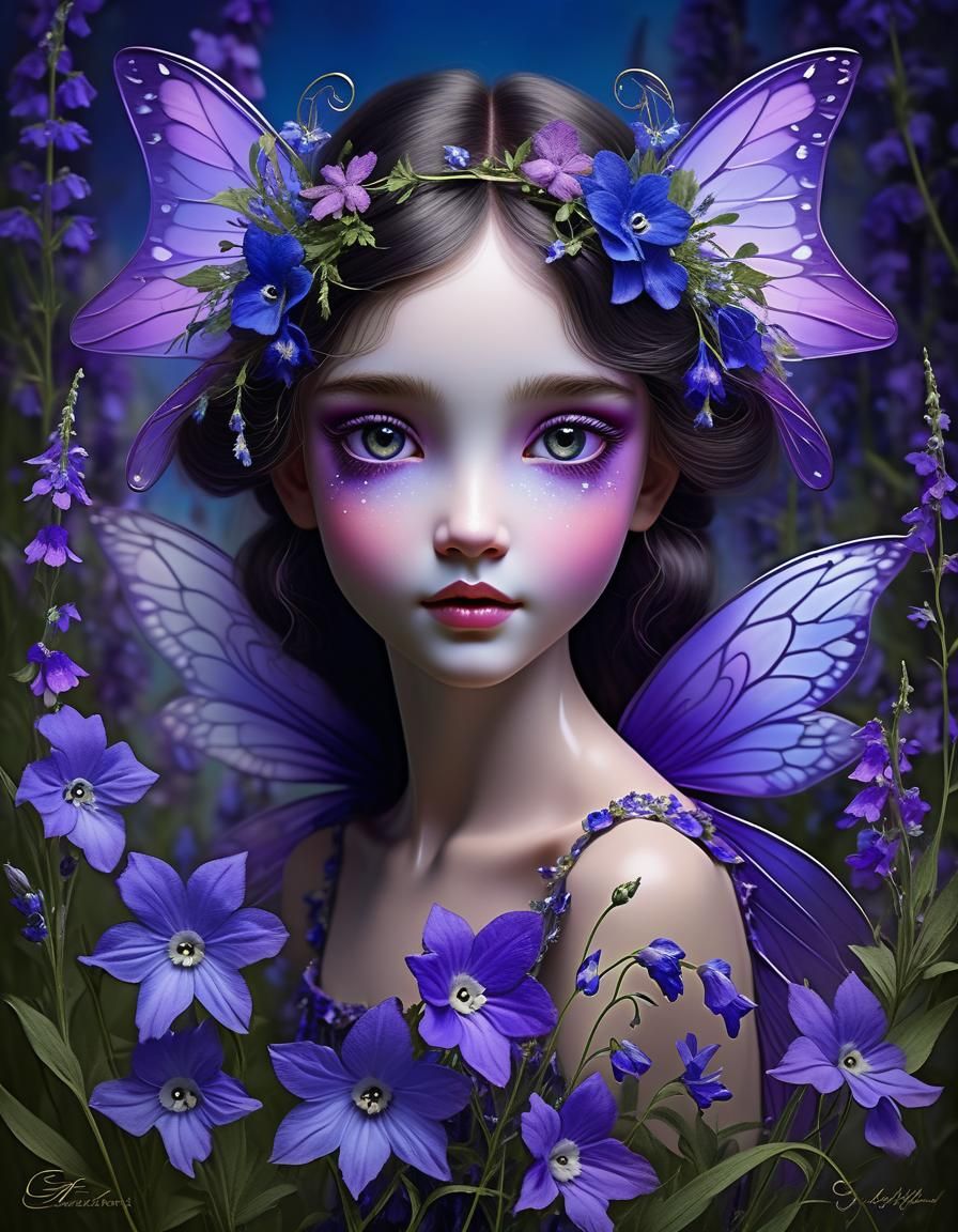 Enchanting Fairy with Violet Wings in Chiaroscuro Style