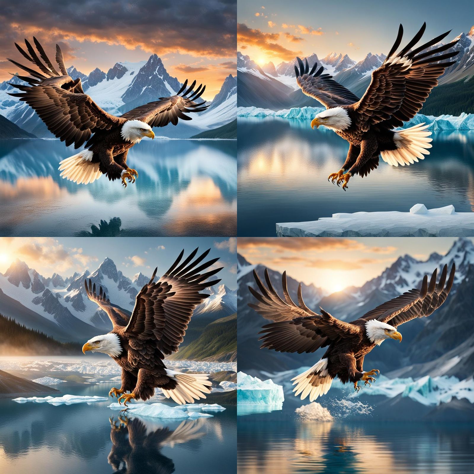 Eagle's Flight Over Glacial Lake at Sunrise