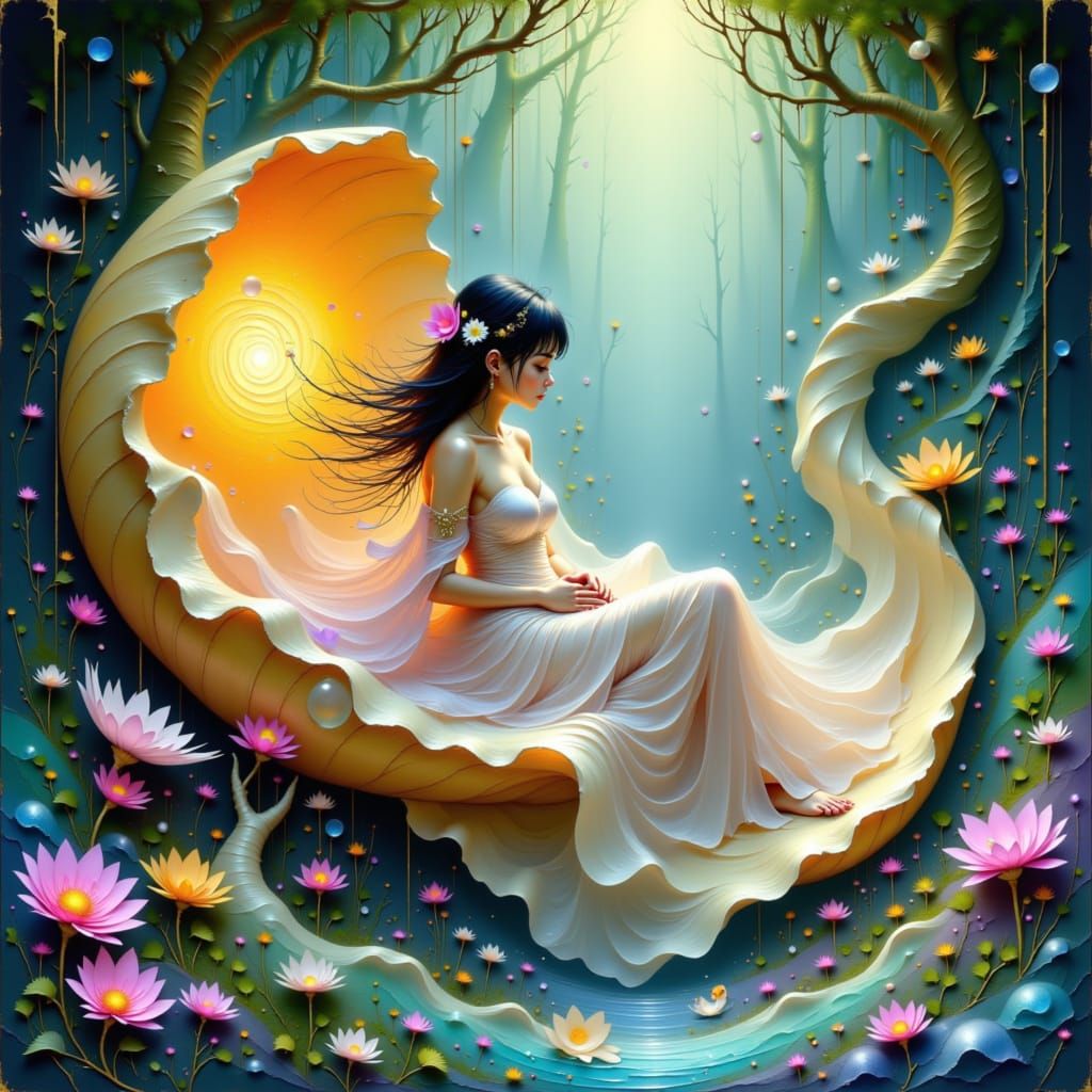 Ethereal Fairy on Nautilus Shell in Magical Forest