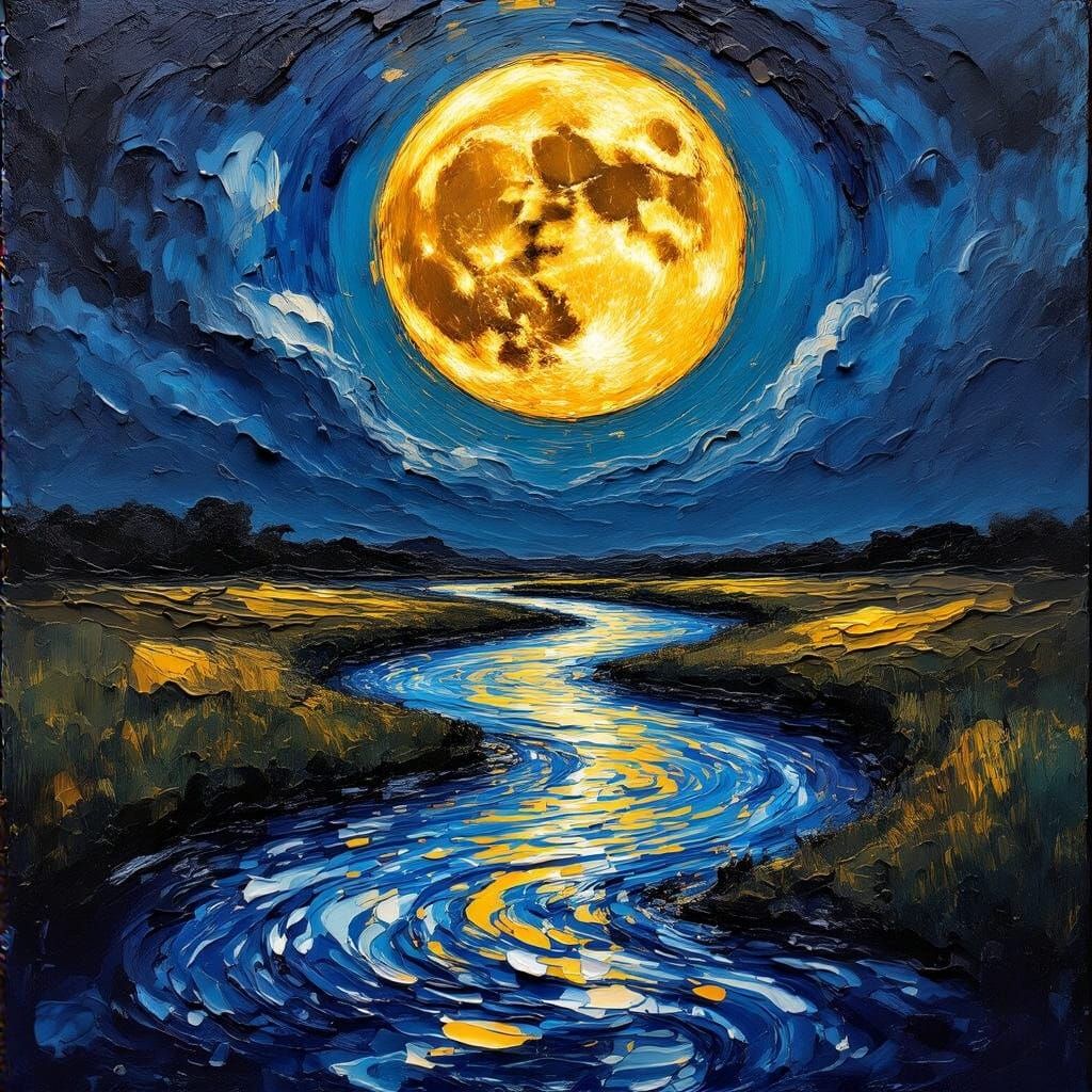 Golden Moonlit River Landscape in Expressive Impasto Style