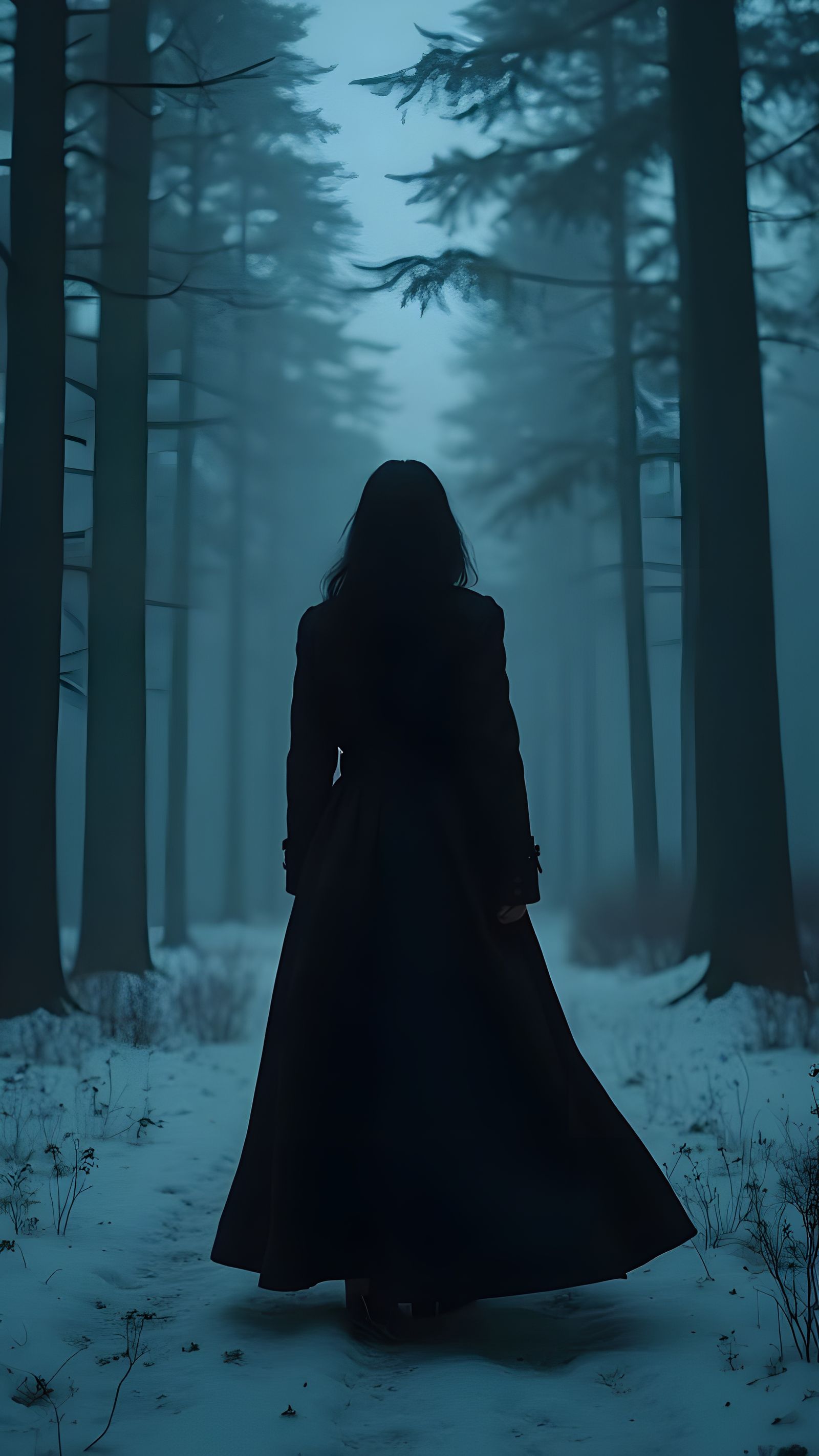 Noir Portrait of Woman in Misty Winter Forest