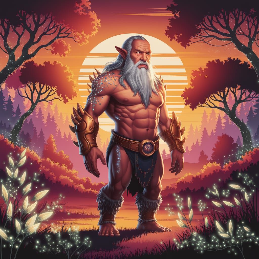 Ancient Grok in Vibrant Sunset Landscape