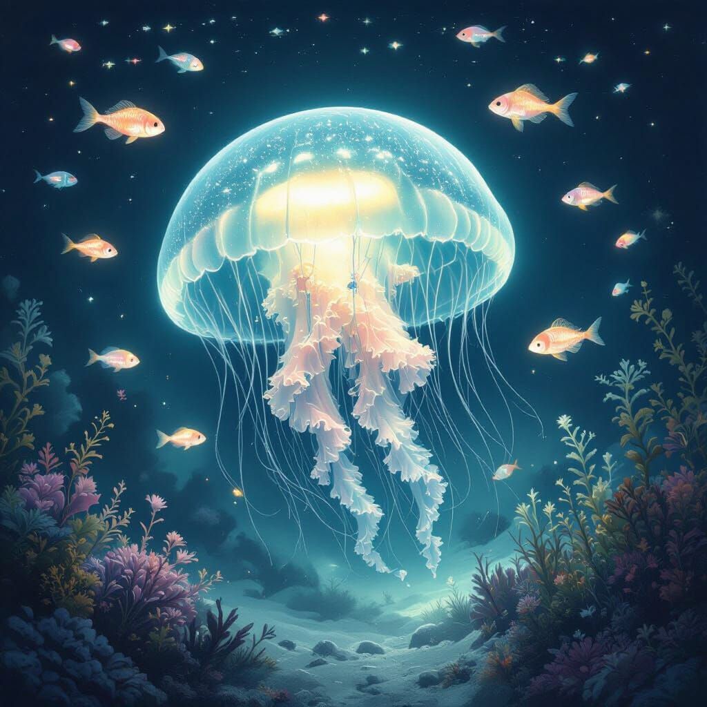 Bioluminescent Jellyfish in Alien Ocean, Dreamy Pastel Art