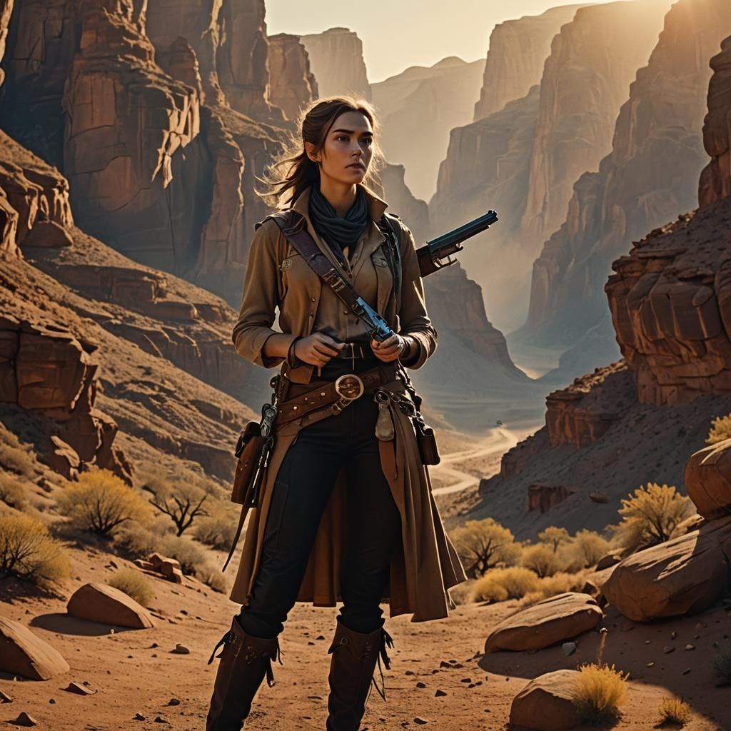 Elven Cowgirl in Dusty Canyon, Cinematic Film Still
