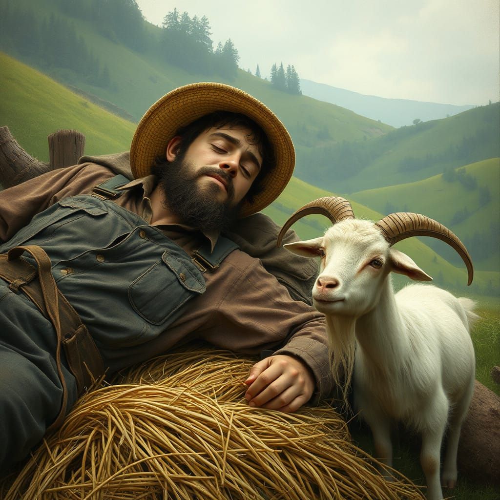 A Peaceful Farmer Surrounded by Whimsical Countryside