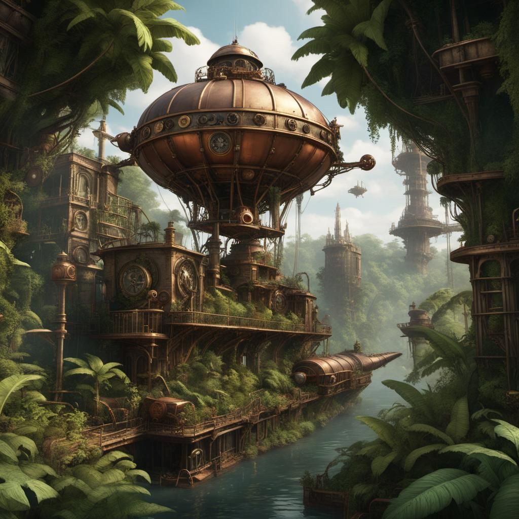 Steampunk Jungle Expedition with Airships and Mechanical Bea...