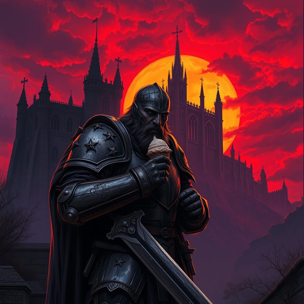 Weary Knight Enjoys Ice Cream at Sunset