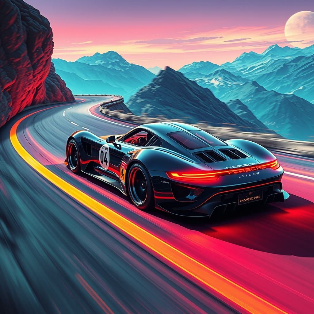 Sleek Futuristic Racing Car on a Winding Mountain Road