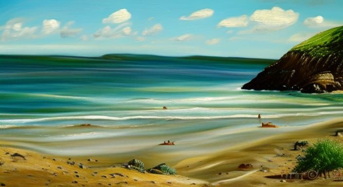 Detailed Beach Scene in Photorealistic Oil Painting