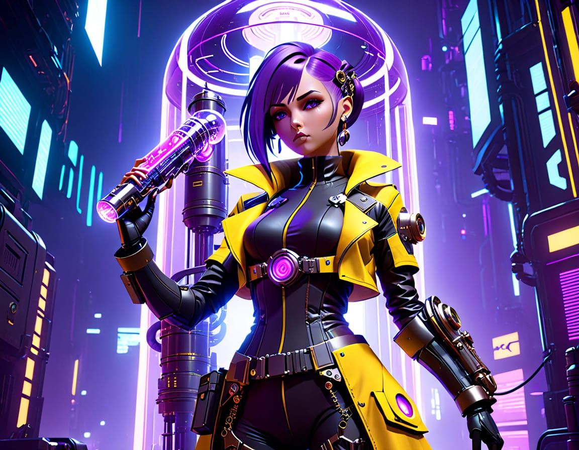 Futuristic Cyberpunk Female Scientist in a Dystopian Citysca...