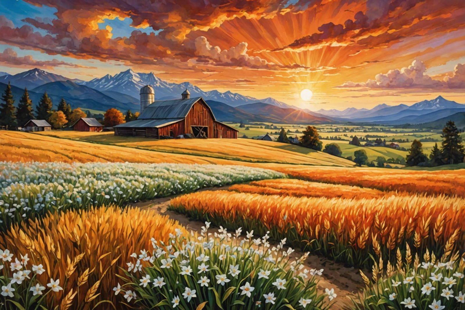 Golden Wheat Field Illustration in Oil and Watercolor