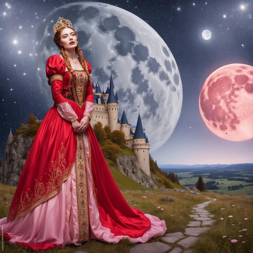 Woman in Scarlet Sarafan Under Starry Sky, Klimt Style