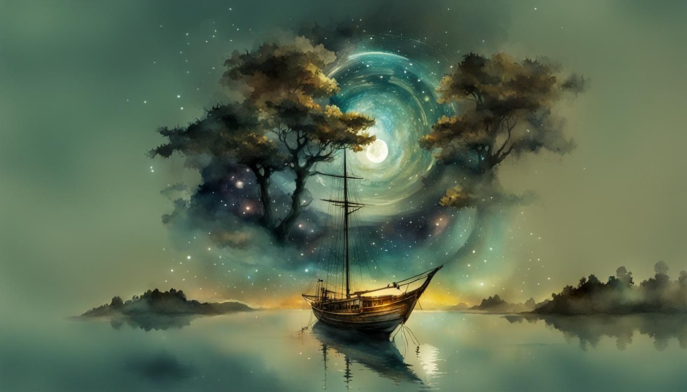 Boat on Moonlit Waters: Digital Watercolor Summerscape