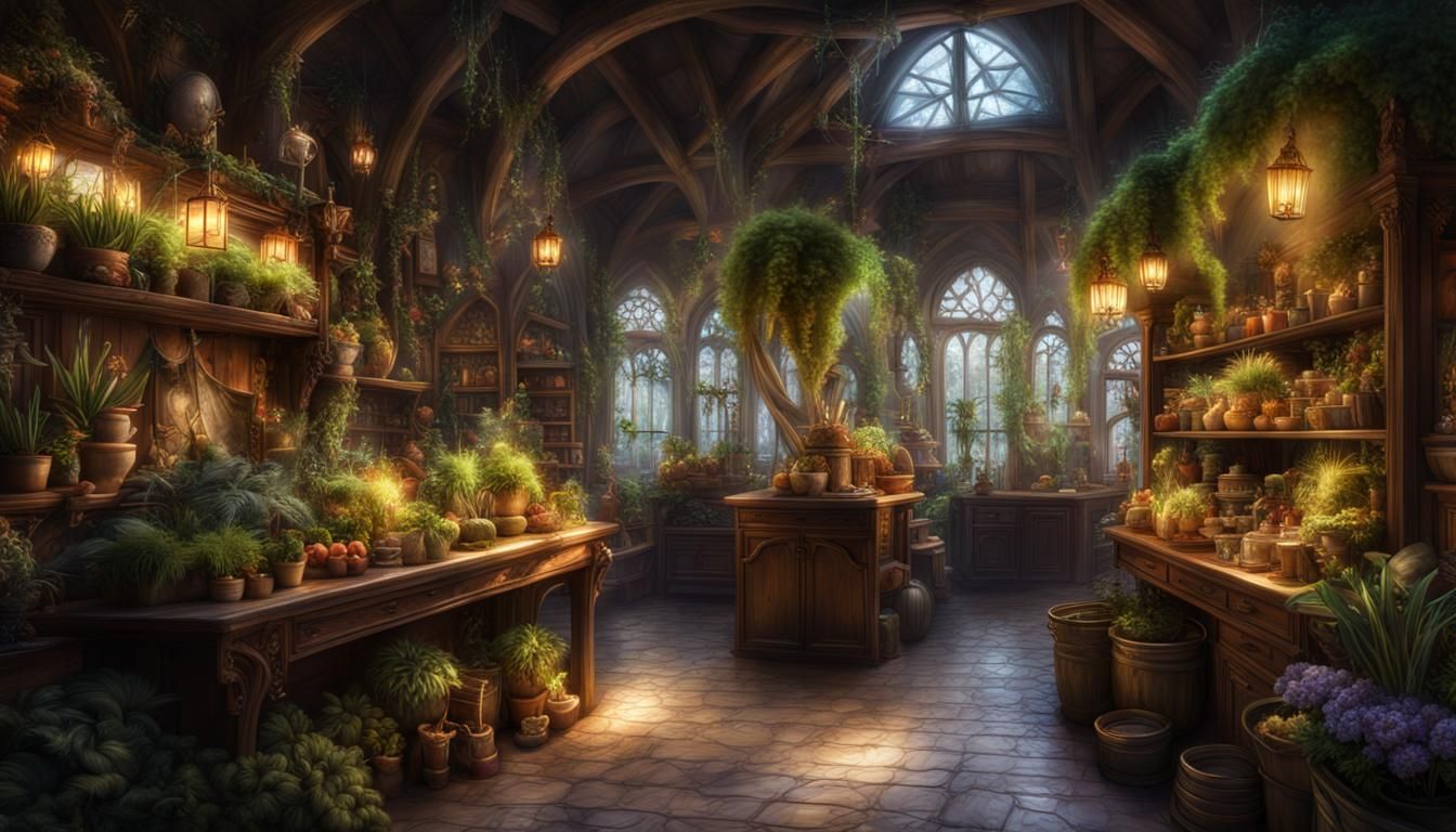 Magical Plant Store Interior in Medieval Fantasy Style