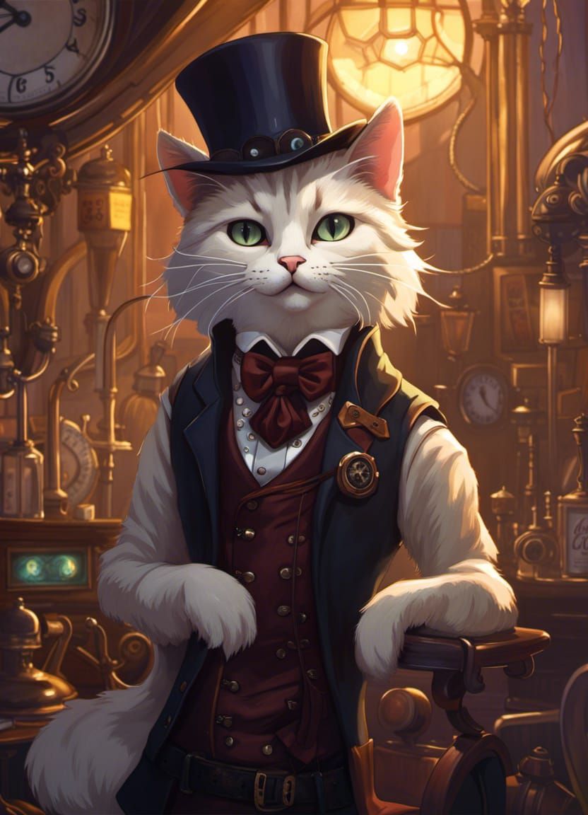 Steampunk Cat in Cafe with Heterochromia