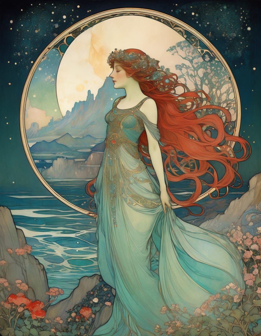 Celestial Woman Overlooking Starry Ocean in Art Nouveau