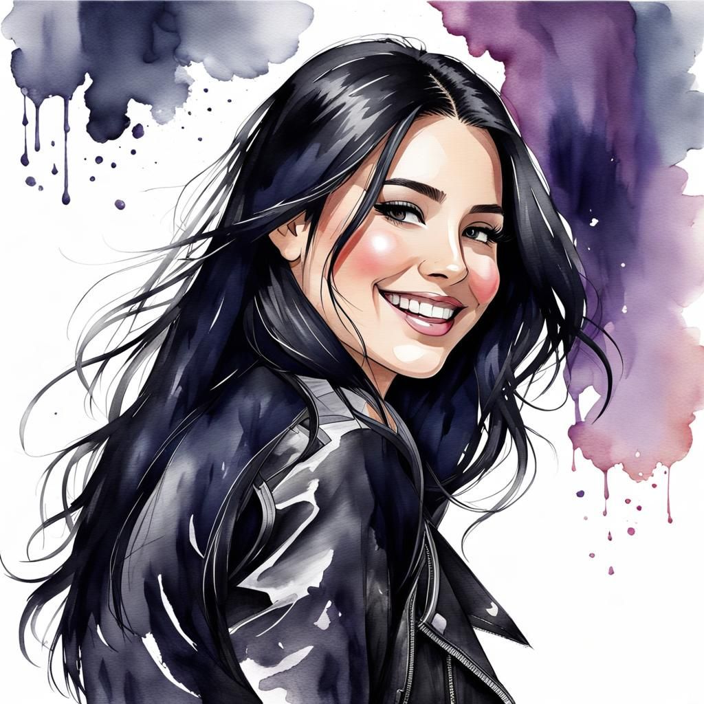 Beautiful Woman in Autumn Park, Watercolor Painting