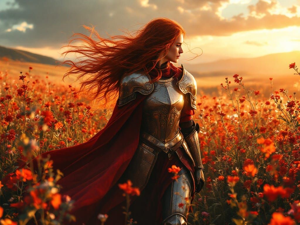 Fiery Knight in Crimson Wildflowers