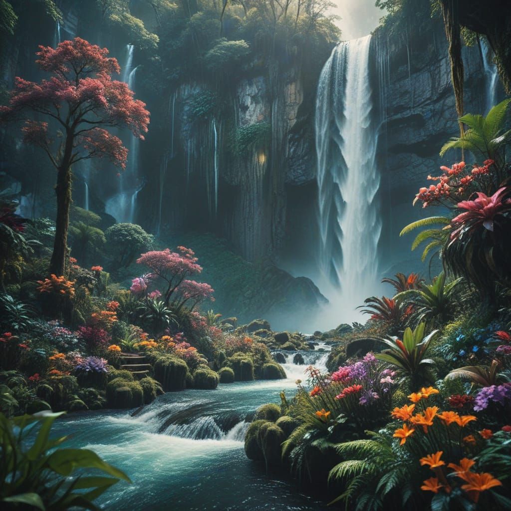 Epic Waterfall in Vibrant, Fantastical Paradise
