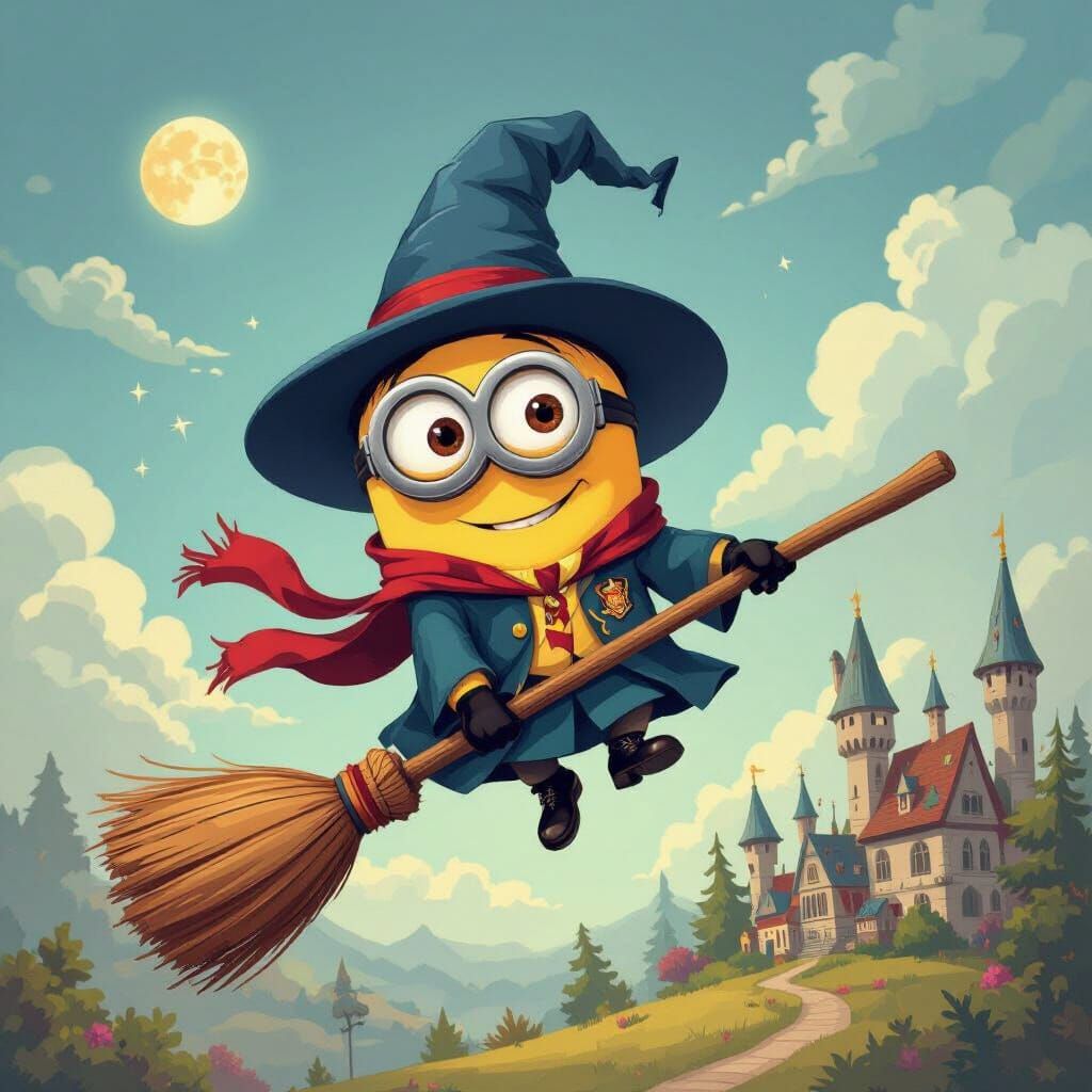 Minion Leader Rides Broomstick in Whimsical Art Style