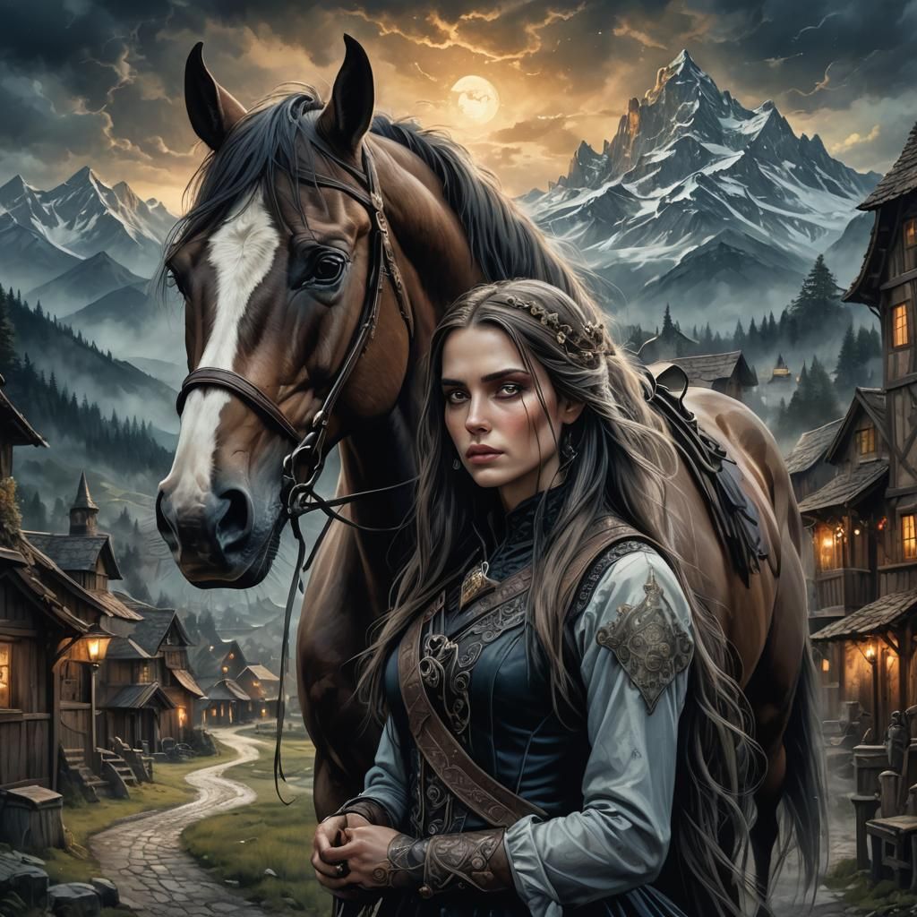 Surreal Woman and Horse in Dark Fantasy Style