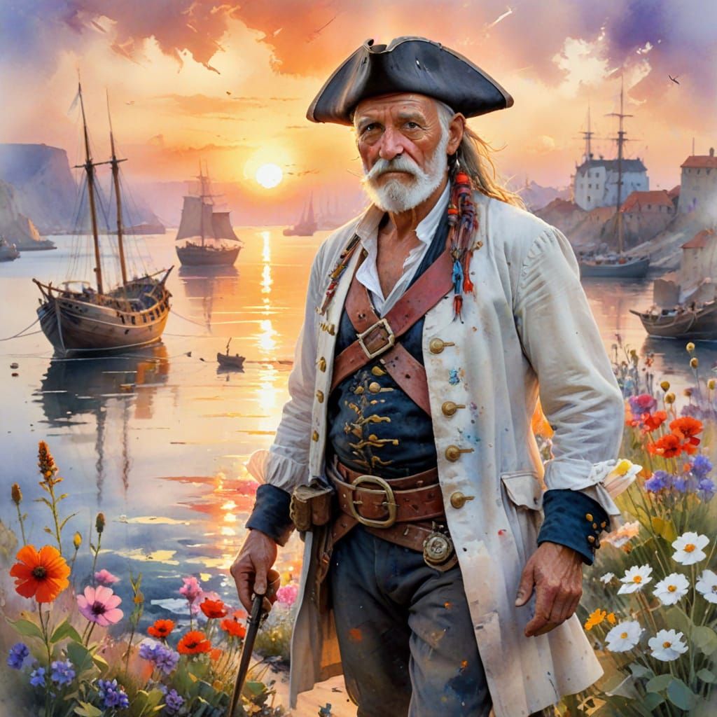 Pirate Captain at Sunset: Watercolour Harbor Scene