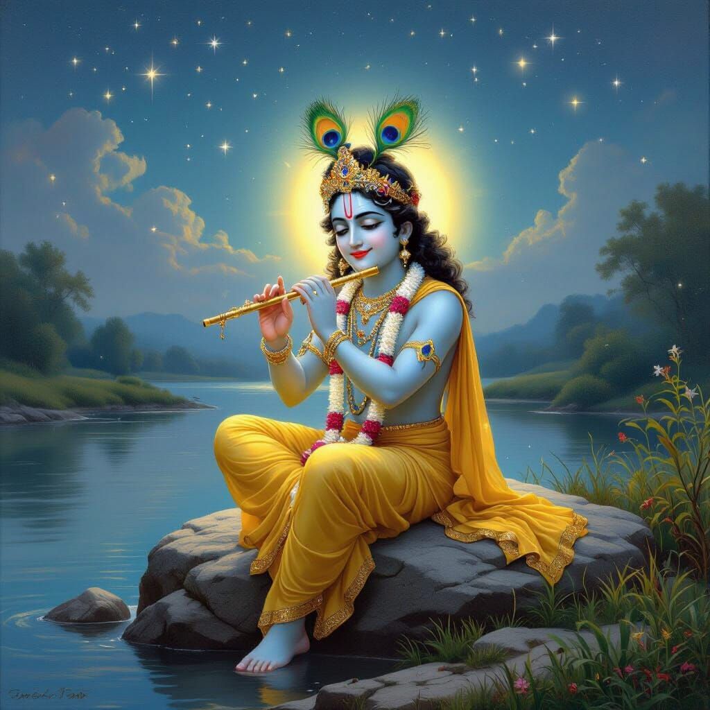 Lord Krishna with Flute in Dreamy Landscape