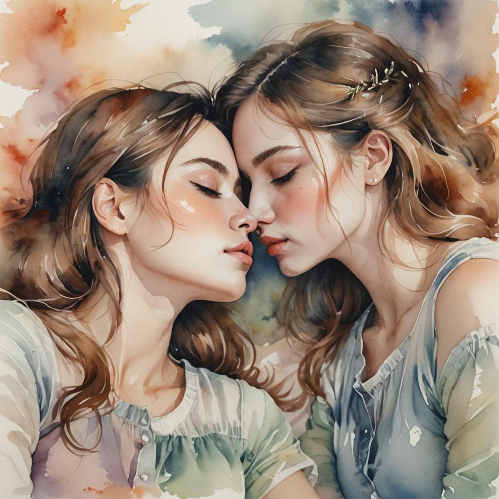 Romantic Watercolor Portrait of Two Girls Kissing