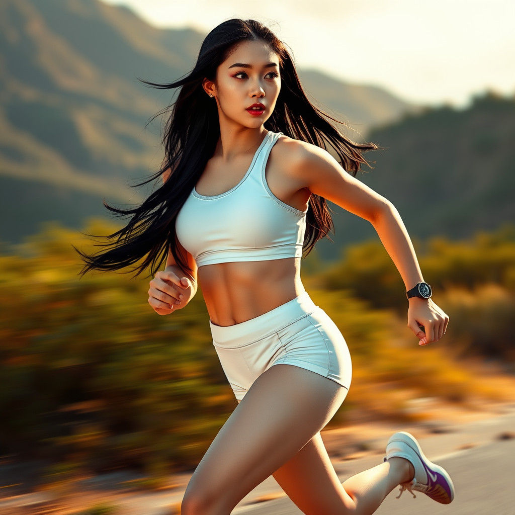 Dynamic Asian Woman Running in a Fantasy Landscape