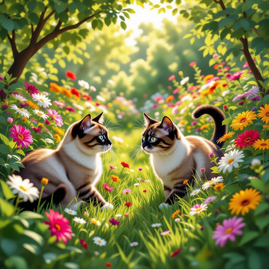 Cats Play Hide-and-Seek in a Sunny Garden