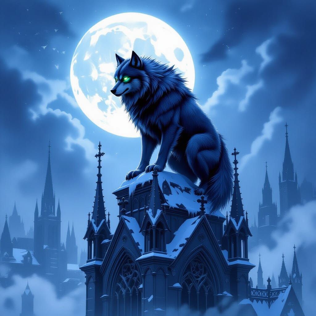 Werewolf on Gothic Cathedral Spire in Moonlight