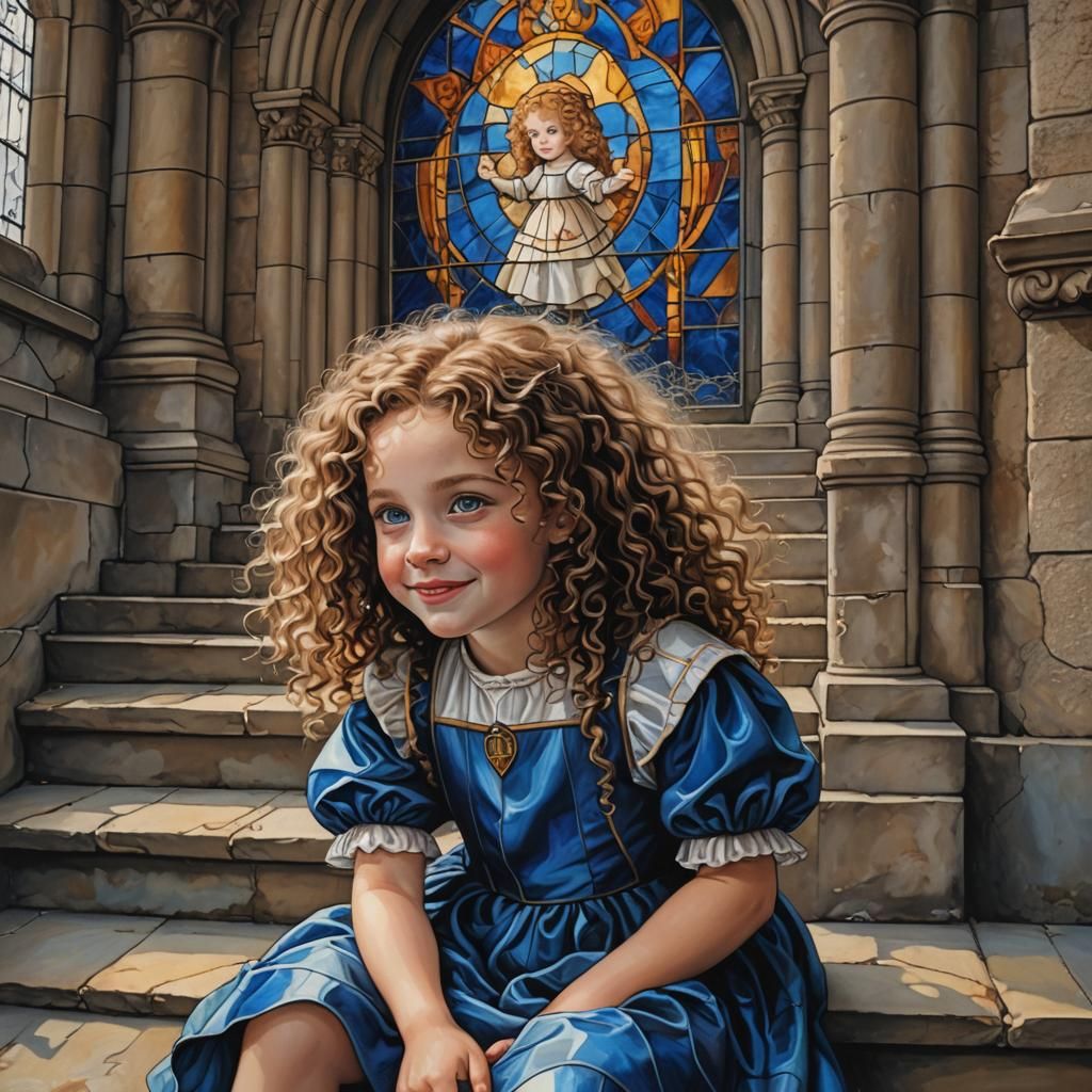 Smiling Girl in Castle, Hyperrealistic Portrait